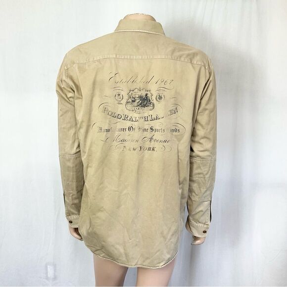 Rare Polo By Ralph Lauren Cotton Pheasant Patch Back Graphic Print Shirt Khaki L - Picture 4 of 17